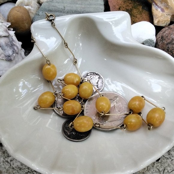 1920's 12kt Gold Fill & Egg Yolk Amber Necklace - Picture 1 of 7